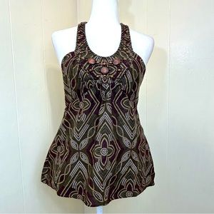 BCBGMaxazria Summer Top Olive Purple Y2K 90s Beaded Halter Tank Top Size Small.